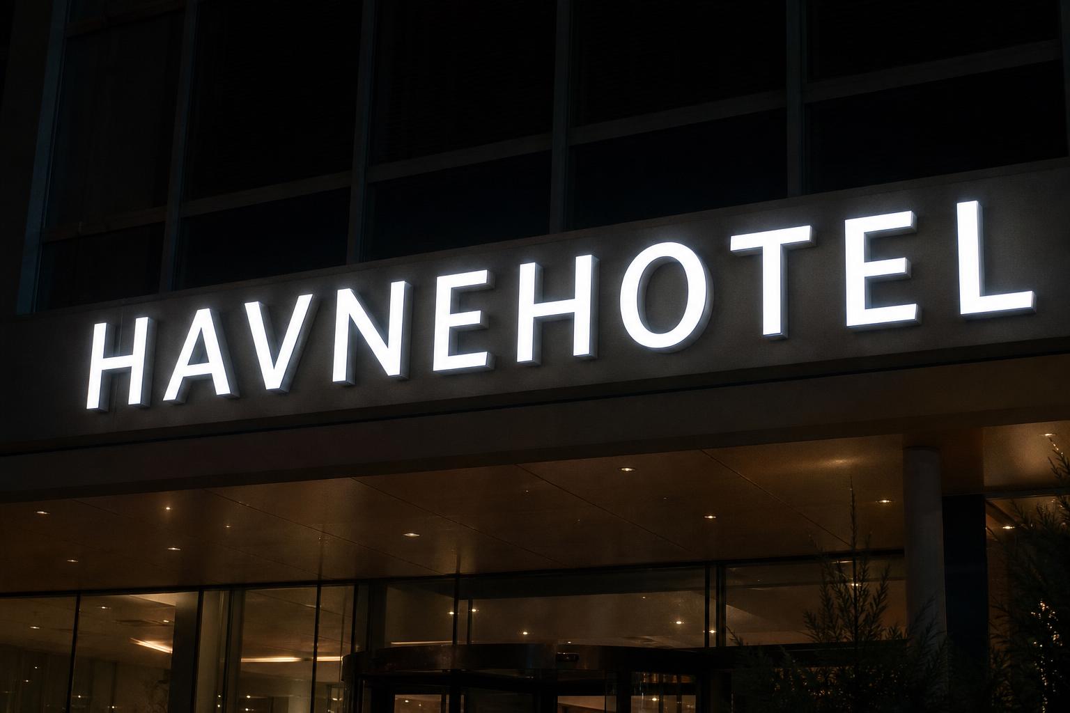 Oplyste facadebogstaver på hotel om natten