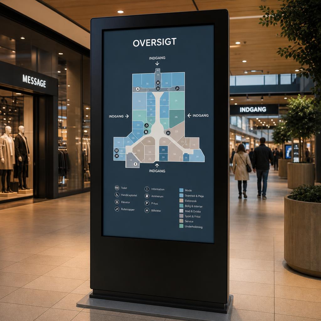 Digital informationsstander med skærm og oversigtskort