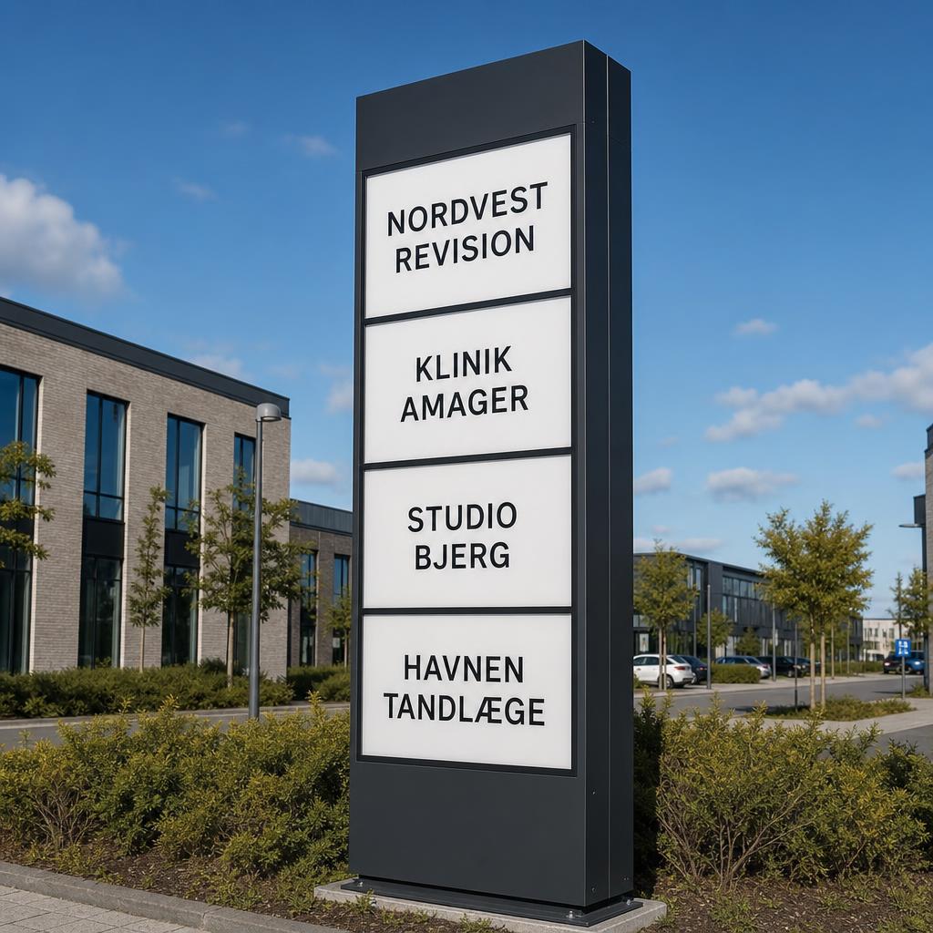 Pylonskilt med udskiftelige lejerfelter ved erhvervsdomicil