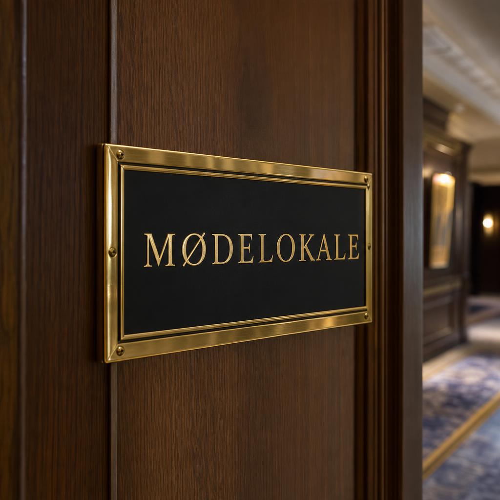 Vægskilt med messingramme i hotelgang
