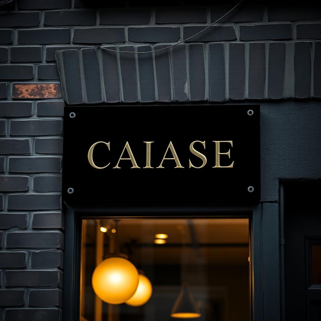 Skilt i akryl med messingbogstaver på mørk facade