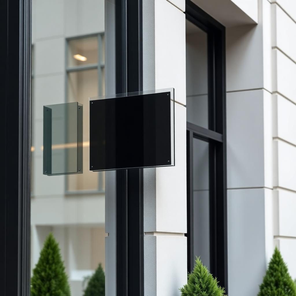 Sort akrylskilt på minimalistisk facade