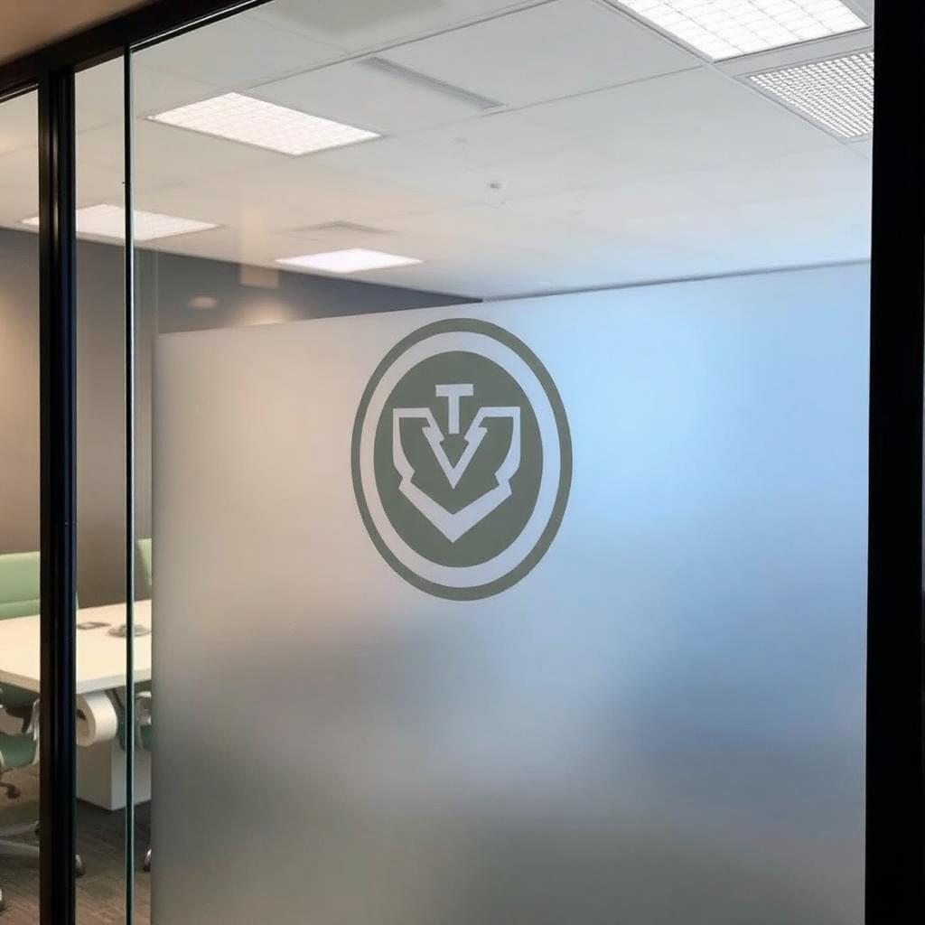 Frostet glasfolie med logo på kontorparti