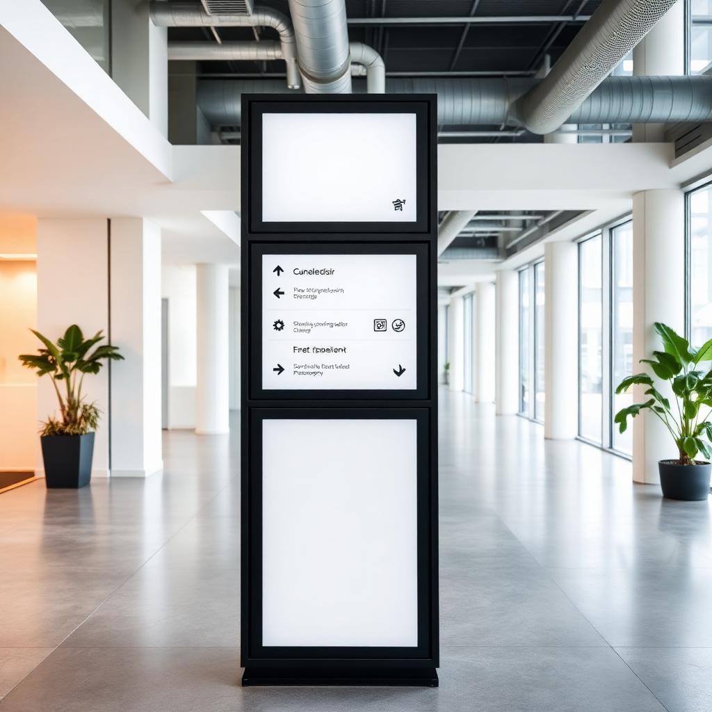 Fritstående wayfinding-pylon med retningsskilte i erhvervsbygning