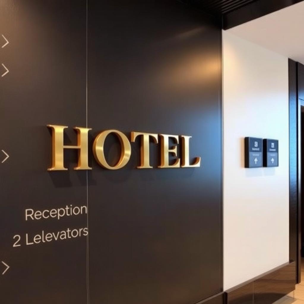 Messing væglogo og retningsskilte i hotelreception