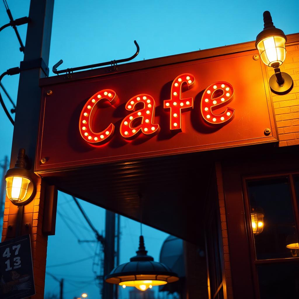 Dobbeltsidet oplyst skilt ved cafe
