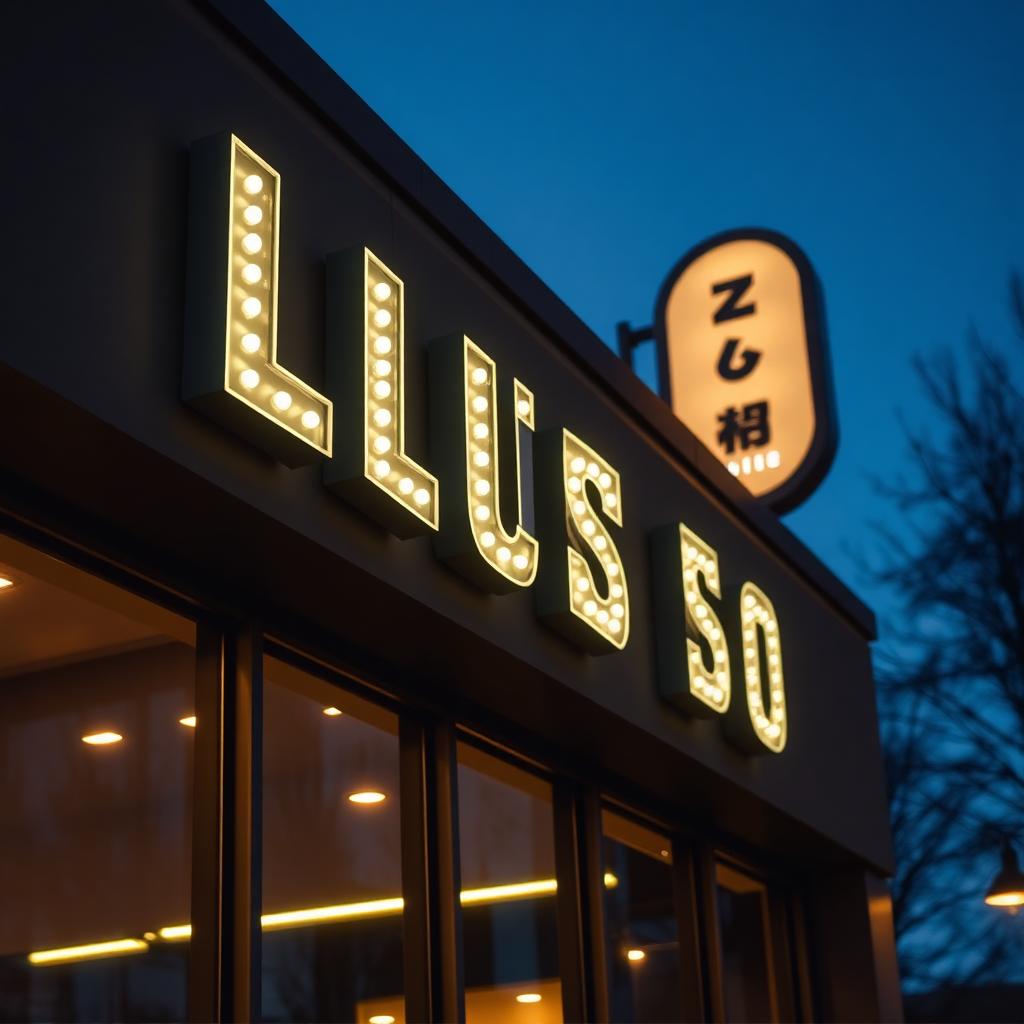 Halo-lit LED-bogstaver på mørk facade