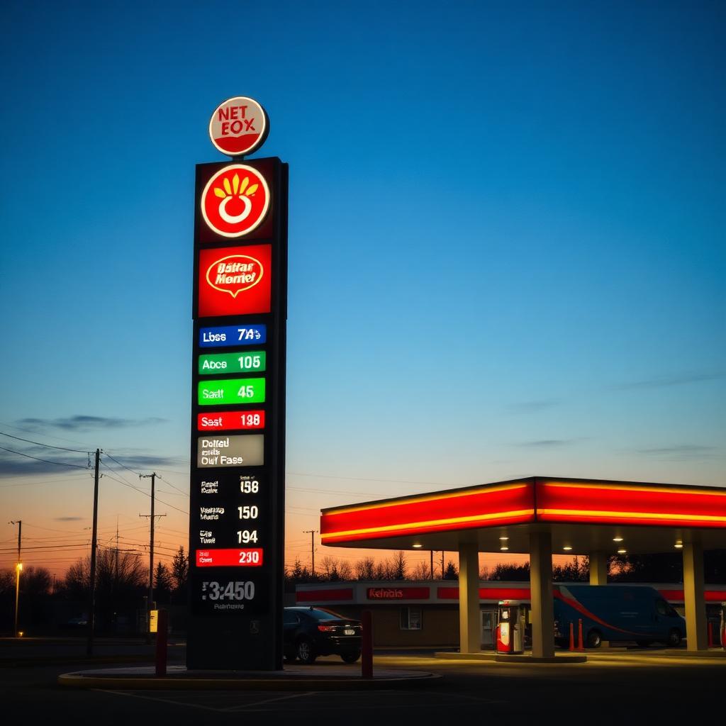 Stor oplyst pylon ved tankstation