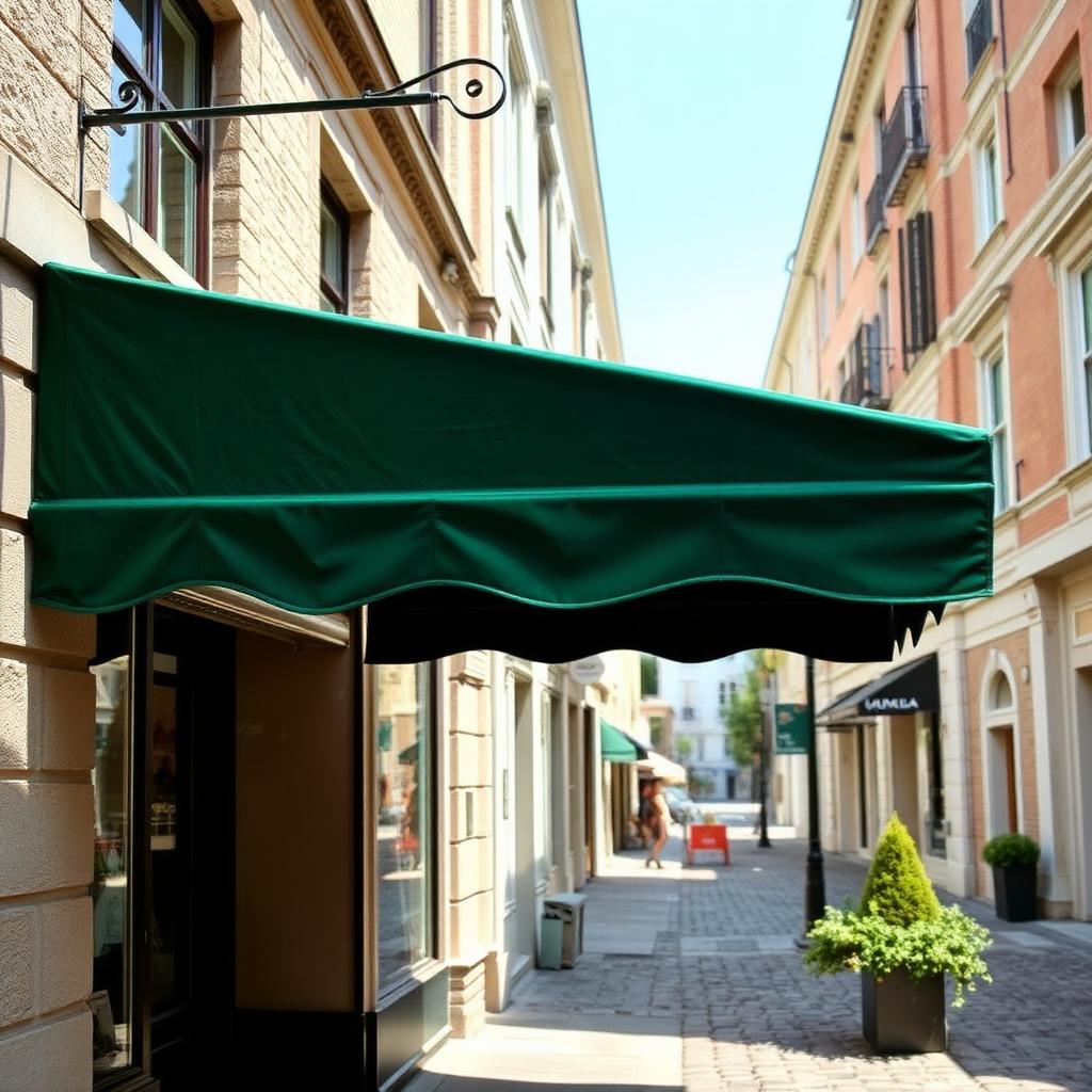 Mørkegrøn markise over boutique