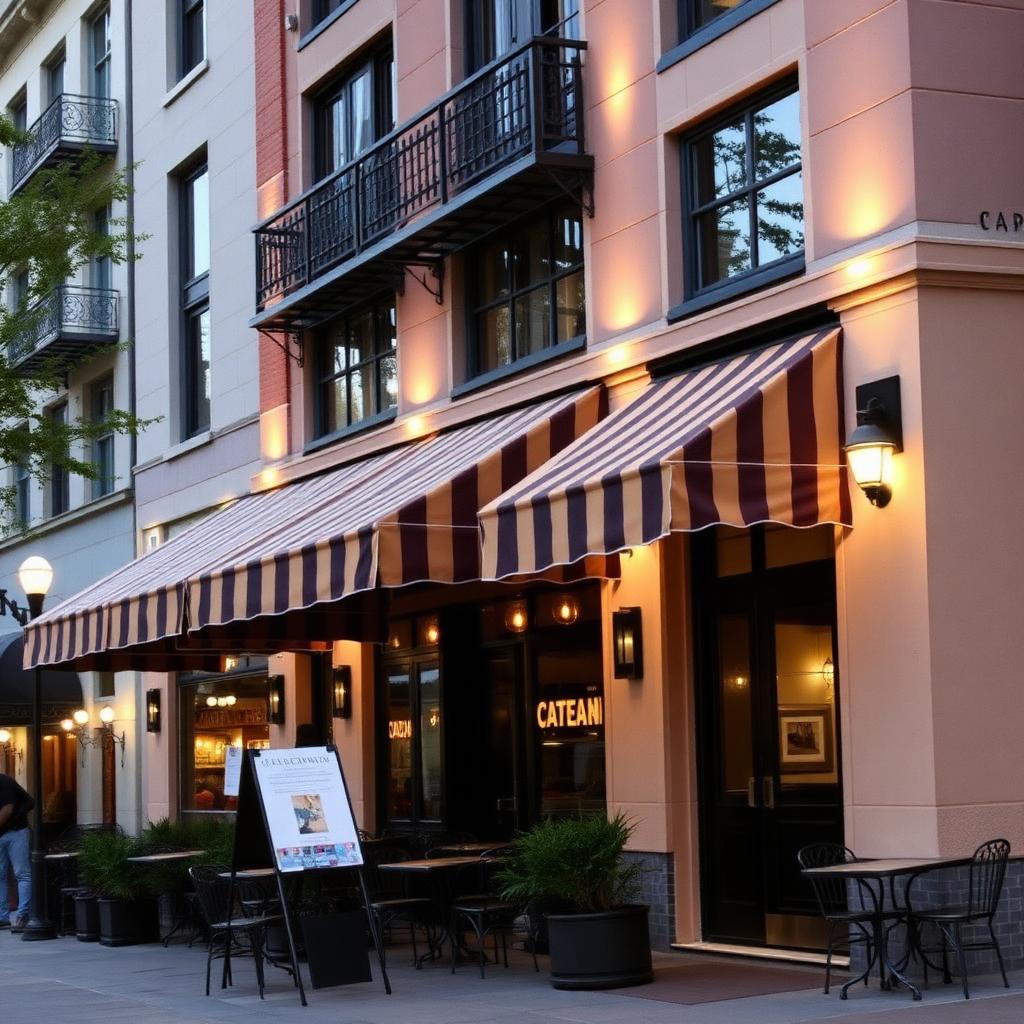 Restaurantfacade med matchende markiser