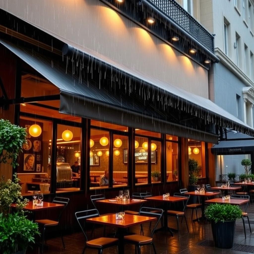 Restaurantfacade med markise i regnvejr