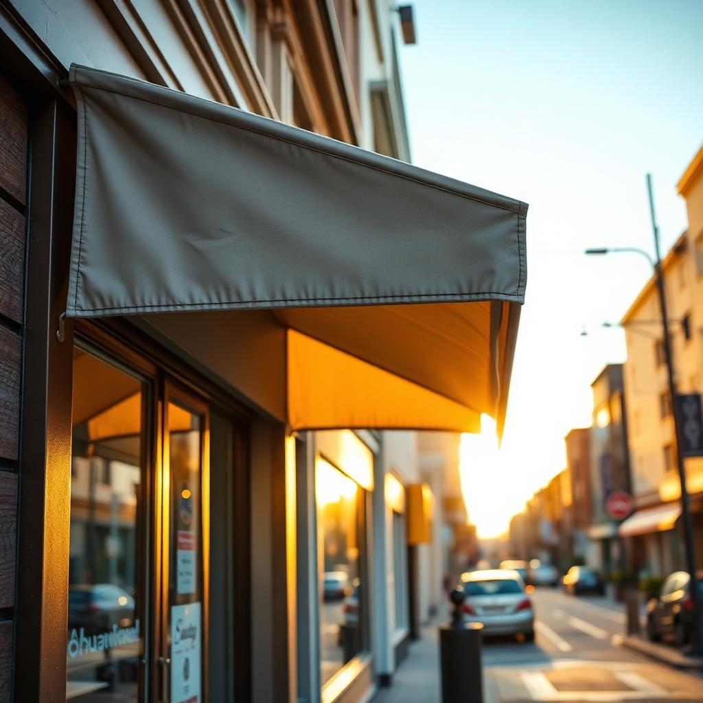 Butiksmarkise i bymiljø ved solnedgang
