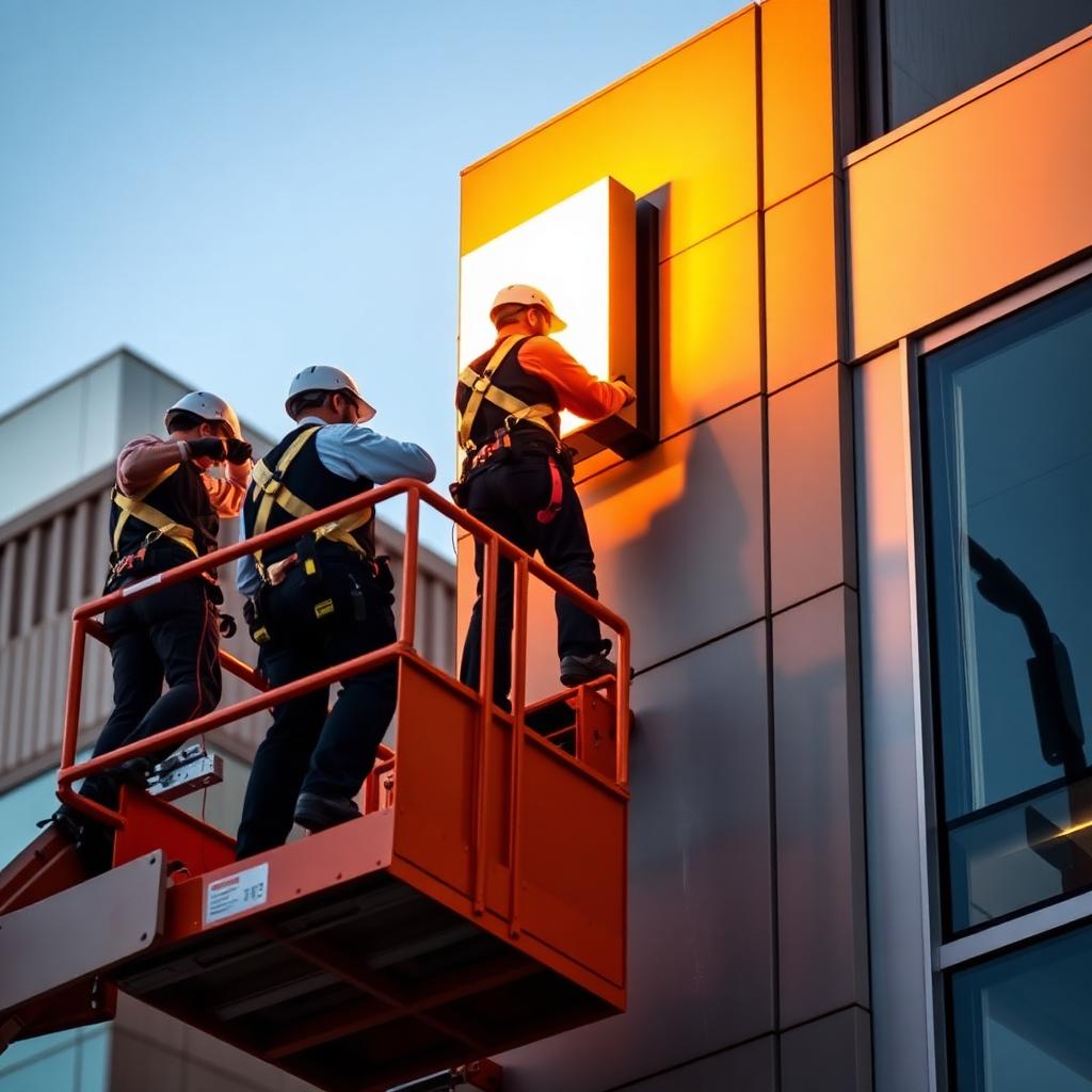 Montører monterer lysskilt fra lift