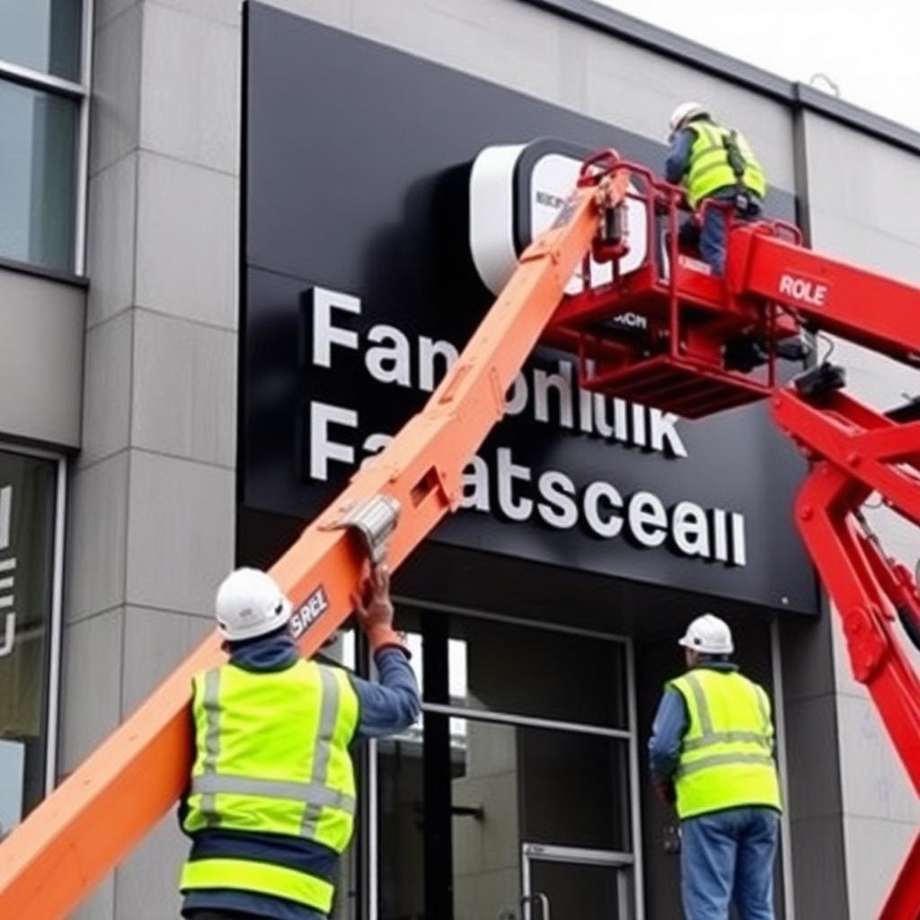 Montørteam opsætter facadeskilt fra lift