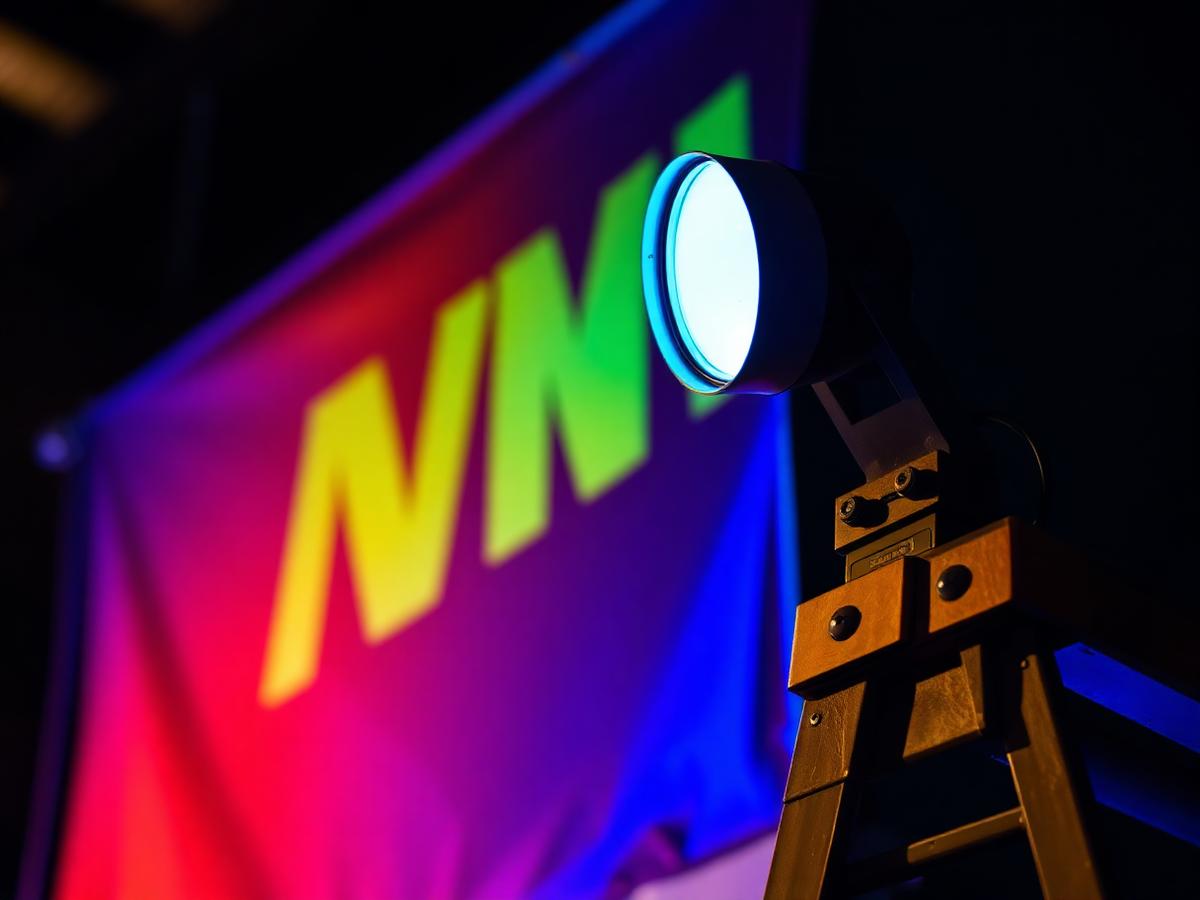 UV-lampe monteret på stillads, der oplyser et fluorescerende banner om aftenen