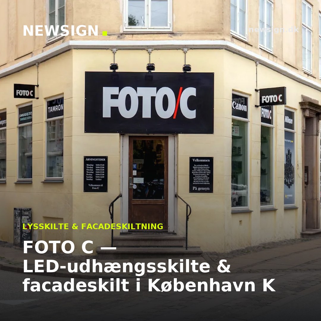 FOTO C — LED-udhængsskilte & facadeskilt i København K — delingsbillede til sociale medier